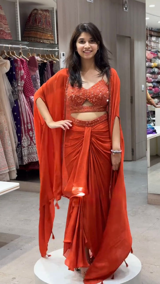 Orange Color Satin Silk Dhoti Style Ready to Wear Suit With Shrug