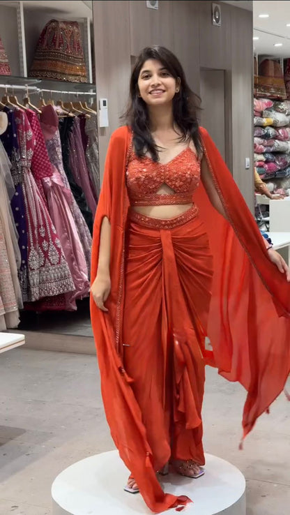 Orange Color Satin Silk Dhoti Style Ready to Wear Suit With Shrug