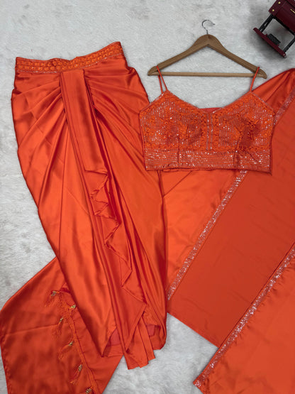 Orange Color Satin Silk Dhoti Style Ready to Wear Suit With Shrug