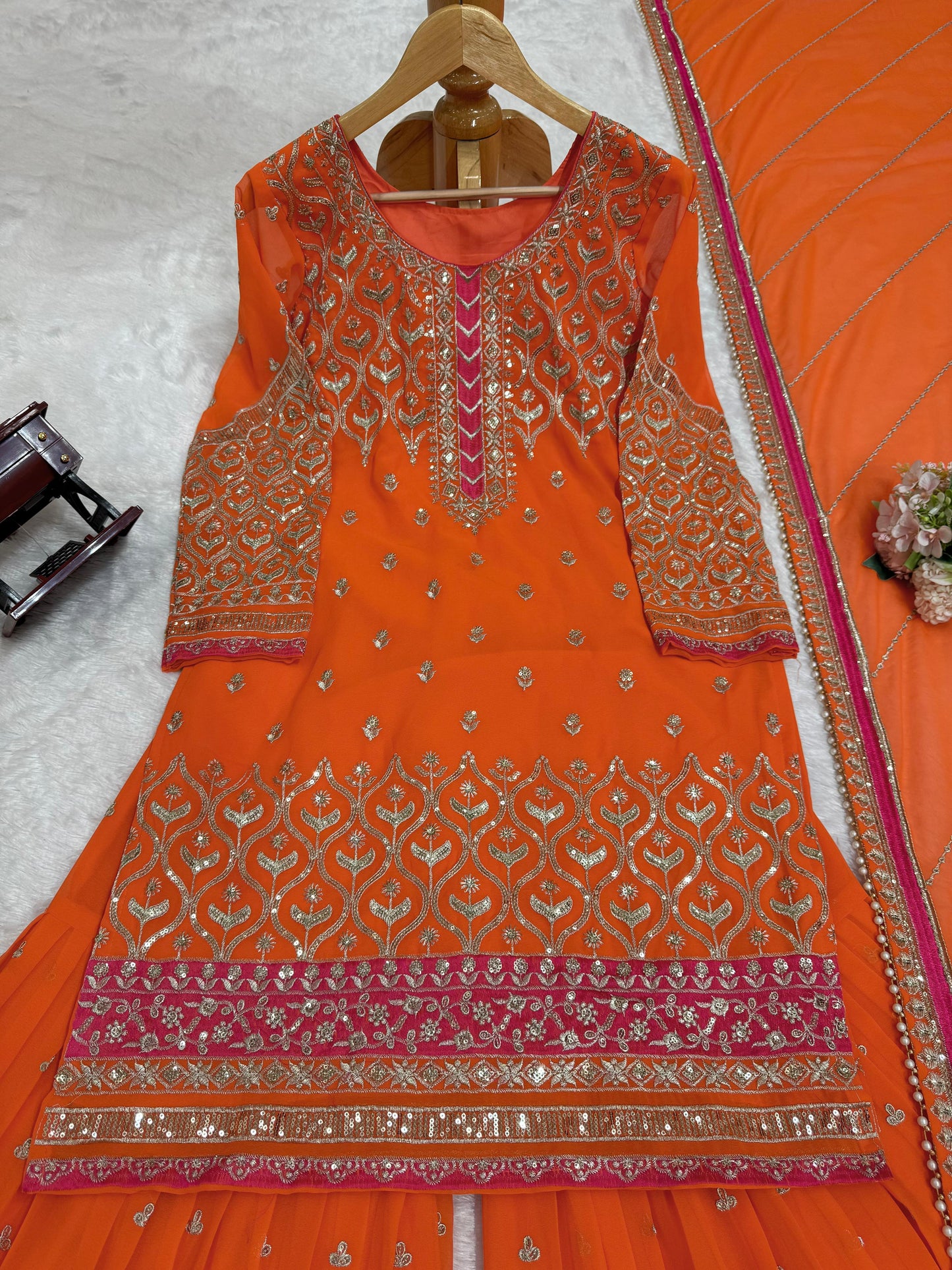 Orange Color Georgette Full Stitched Shrara Suit
