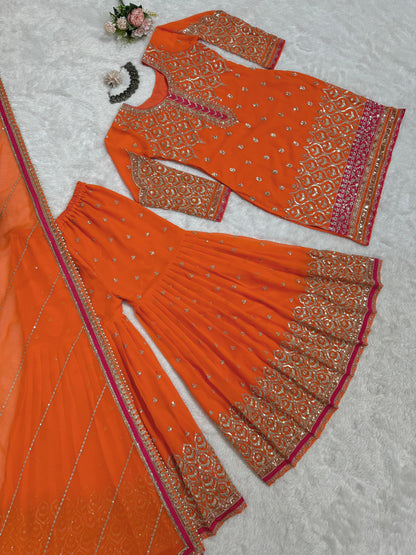 Orange Color Georgette Full Stitched Shrara Suit