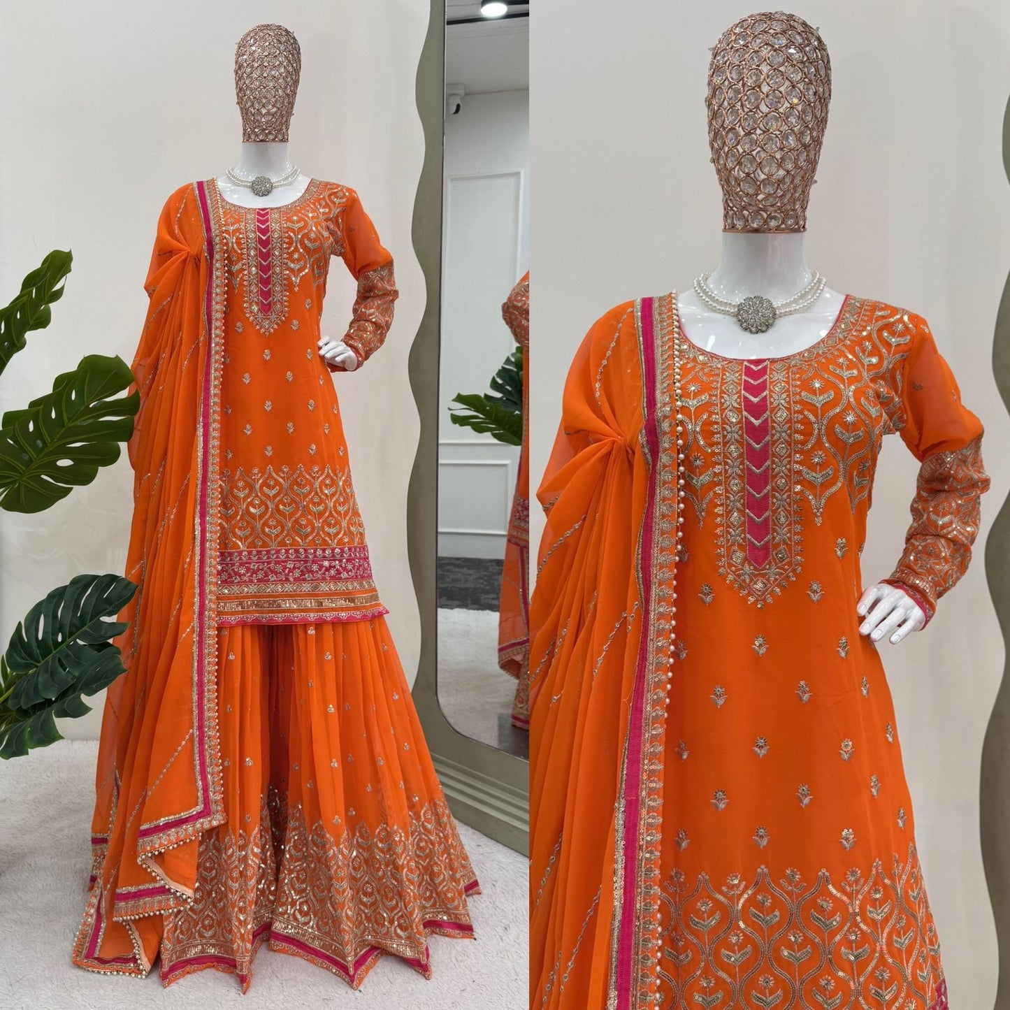 Orange Color Georgette Full Stitched Shrara Suit