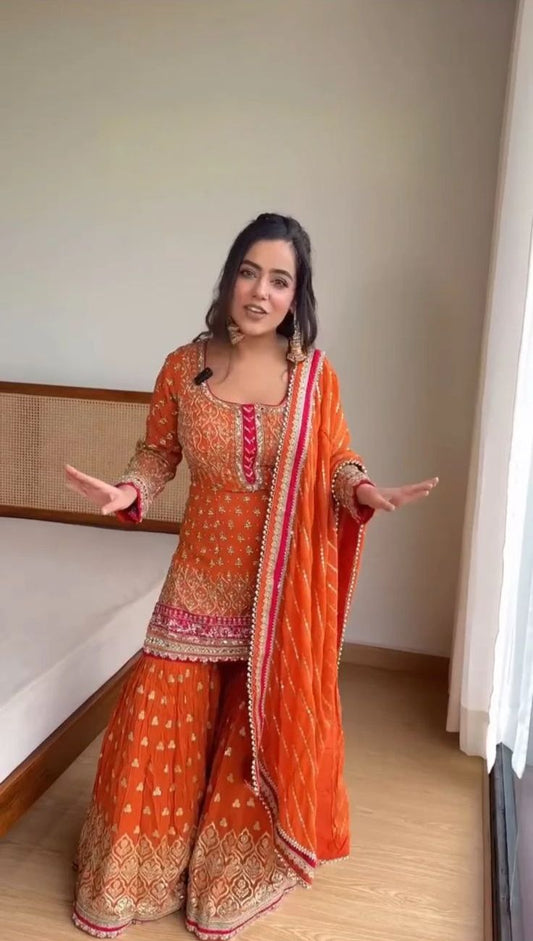 Orange Color Georgette Full Stitched Shrara Suit