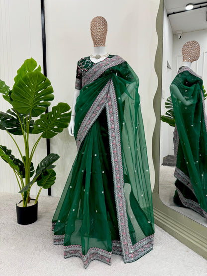Green Organza Silk Heavy Border Work Wedding Wear Saree