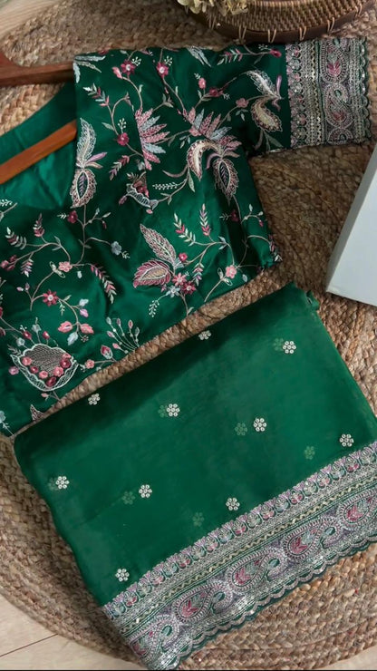 Green Organza Silk Heavy Border Work Wedding Wear Saree