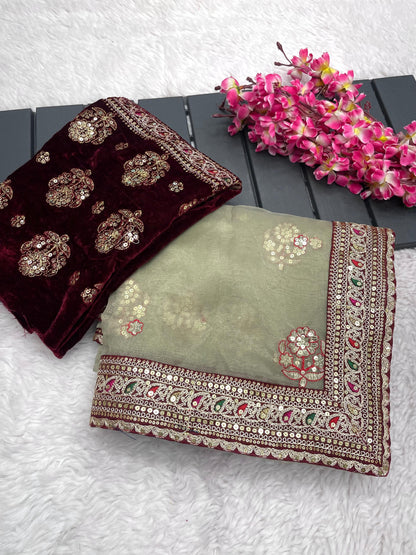 Designer Organza Silk Saree With Velvet Blouse