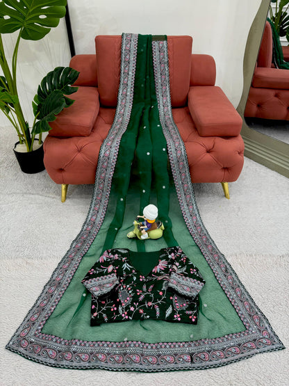 Green Organza Silk Heavy Border Work Wedding Wear Saree