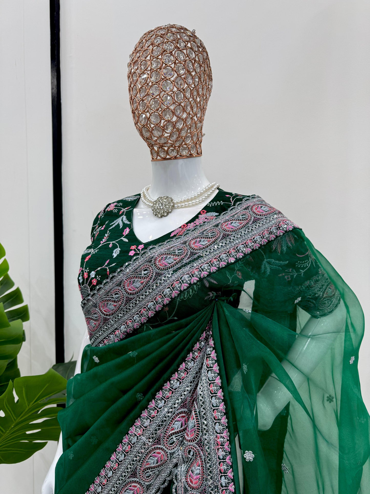 Green Organza Silk Heavy Border Work Wedding Wear Saree