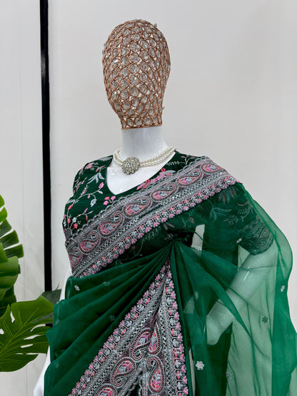 Green Organza Silk Heavy Border Work Wedding Wear Saree