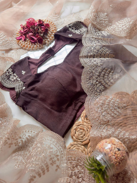 Elegant Beige Coffee Organza Tissue Saree with Embroidered Pallu & Banglori Silk Blouse Piece