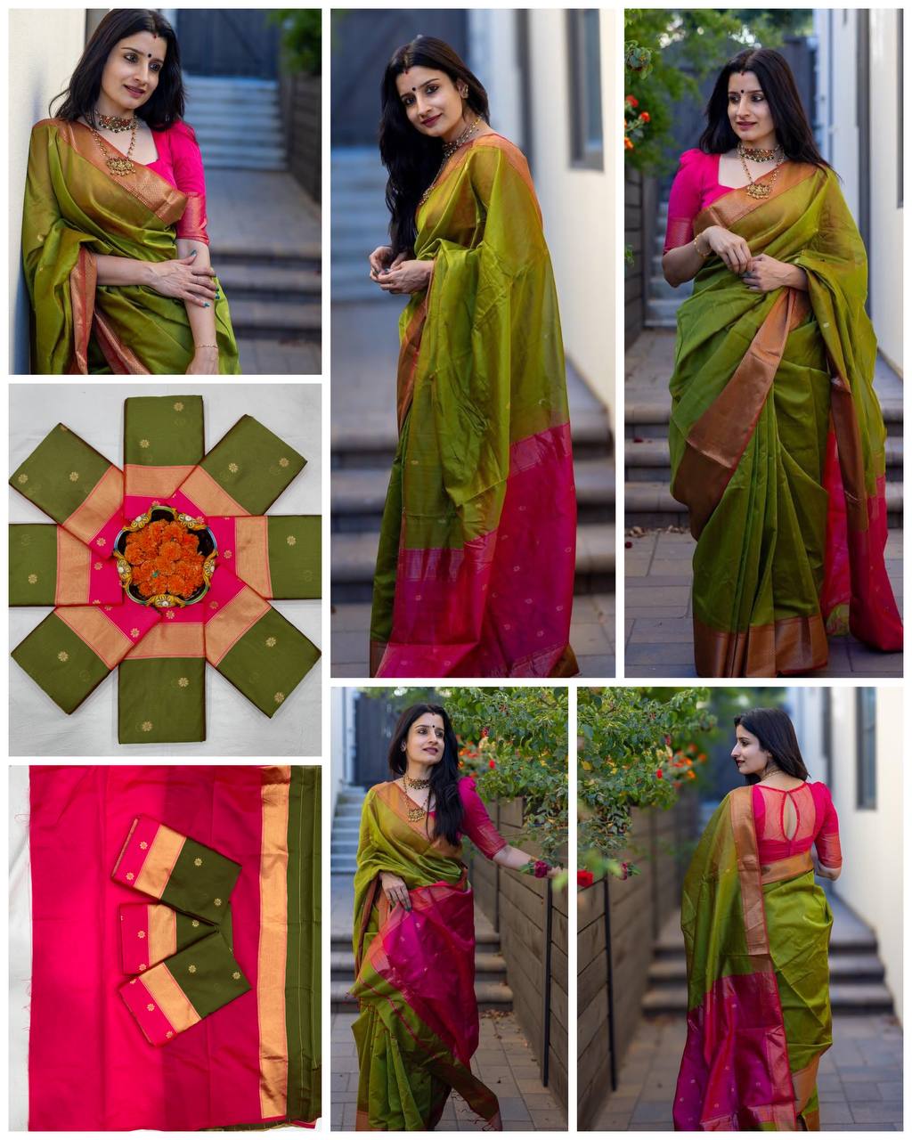 Green Pink Lichi Silk Saree Blouse
