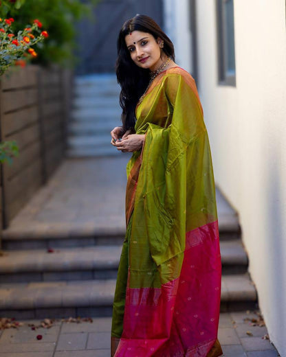 Green Pink Lichi Silk Saree Blouse