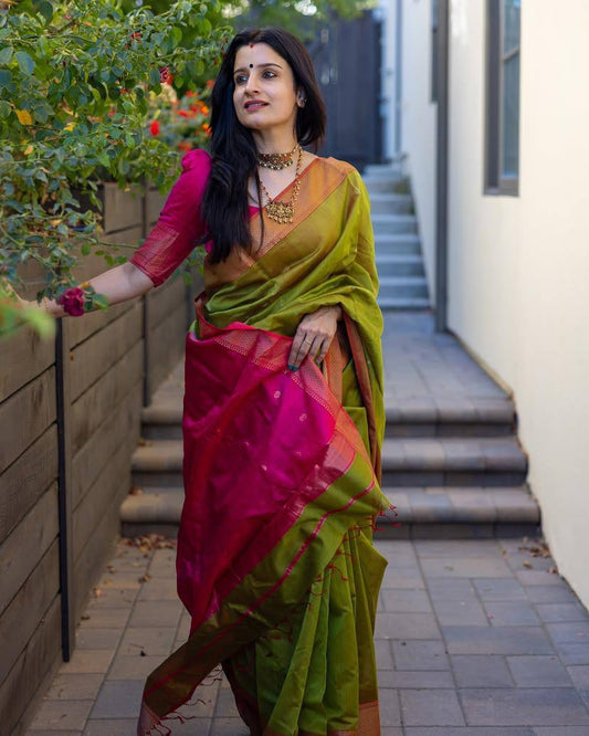 Green Pink Lichi Silk Saree Blouse