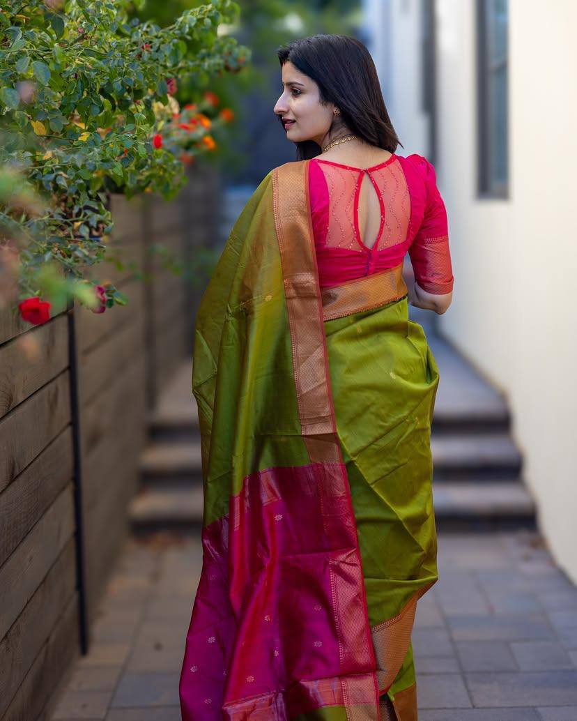 Green Pink Lichi Silk Saree Blouse