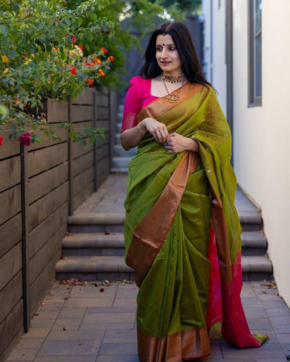 Green Pink Lichi Silk Saree Blouse