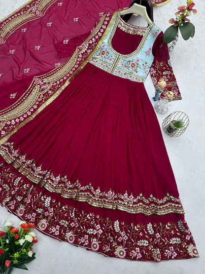 Fully Stitched Georgette Sequence Work Double Layer Gown With Dupatta