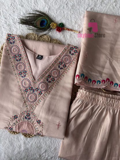Peach Roman Silk Full Stitched Embrodered Salwar Suit Set