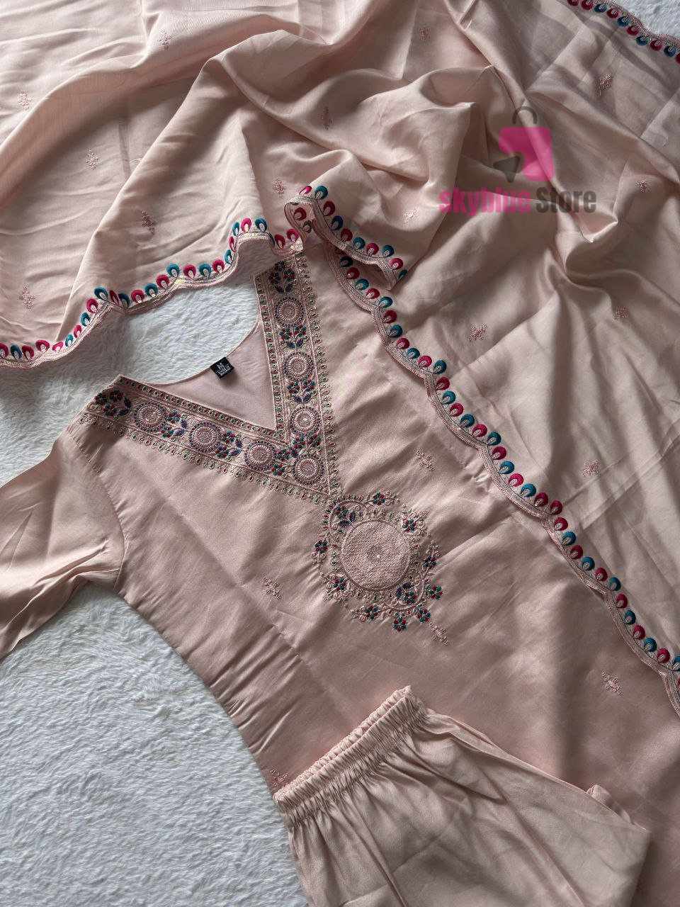 Peach Roman Silk Full Stitched Embrodered Salwar Suit Set