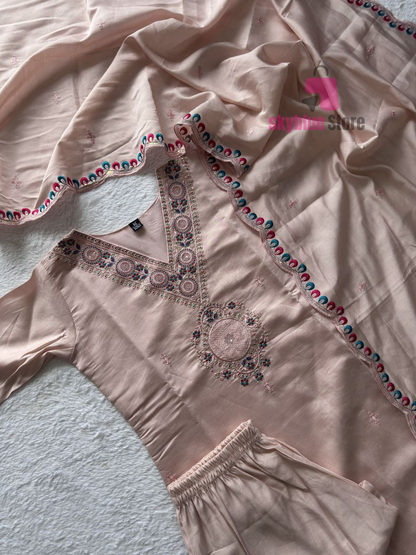Peach Roman Silk Full Stitched Embrodered Salwar Suit Set