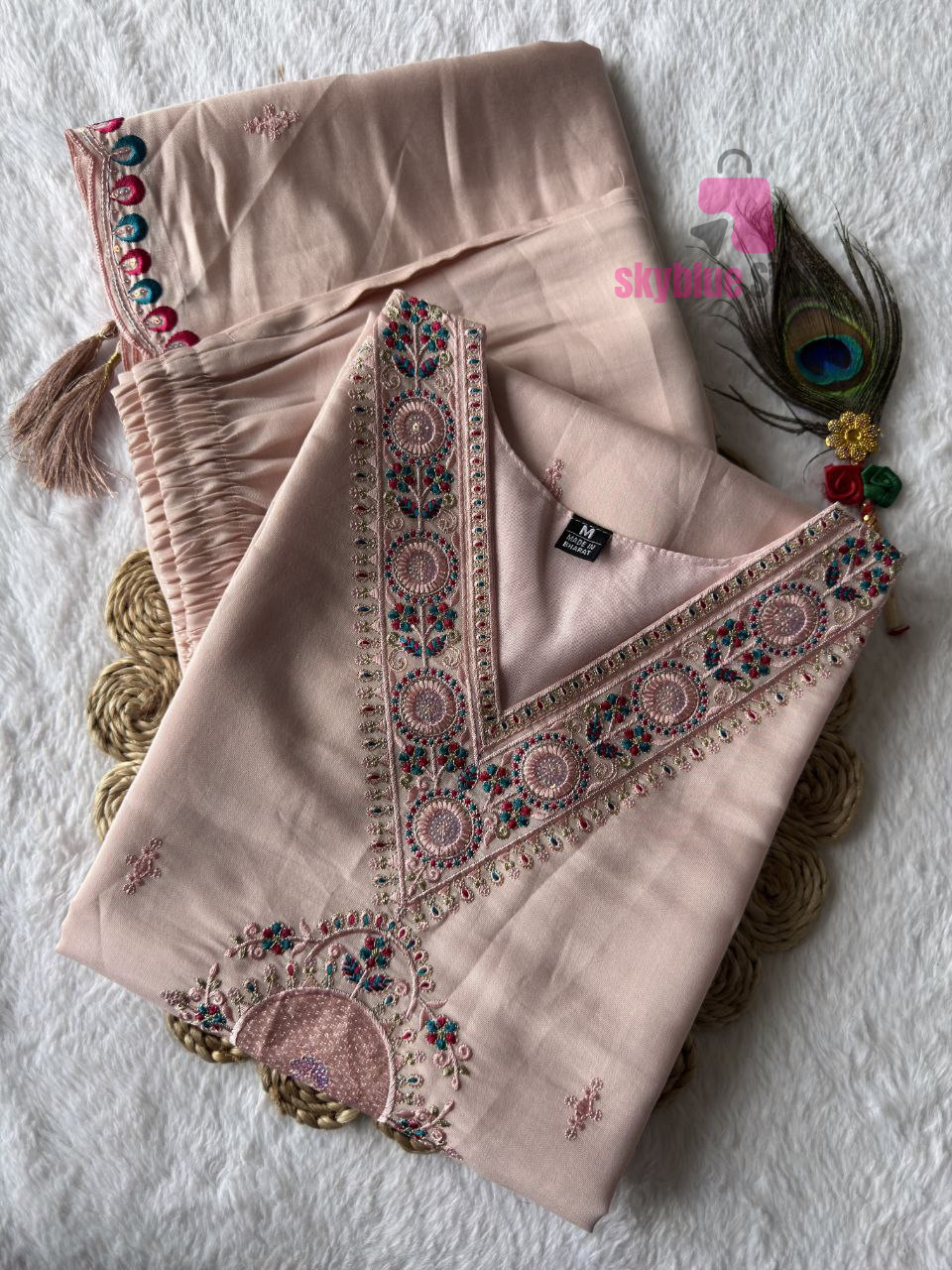 Peach Roman Silk Full Stitched Embrodered Salwar Suit Set