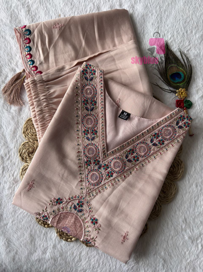 Peach Roman Silk Full Stitched Embrodered Salwar Suit Set