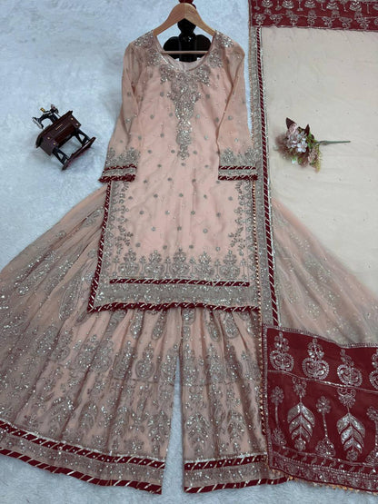 Peach Color Fully Stitched Georgette Sharara Suit