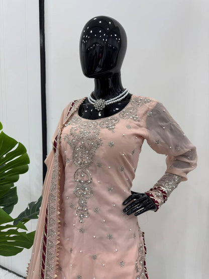 Peach Color Fully Stitched Georgette Sharara Suit