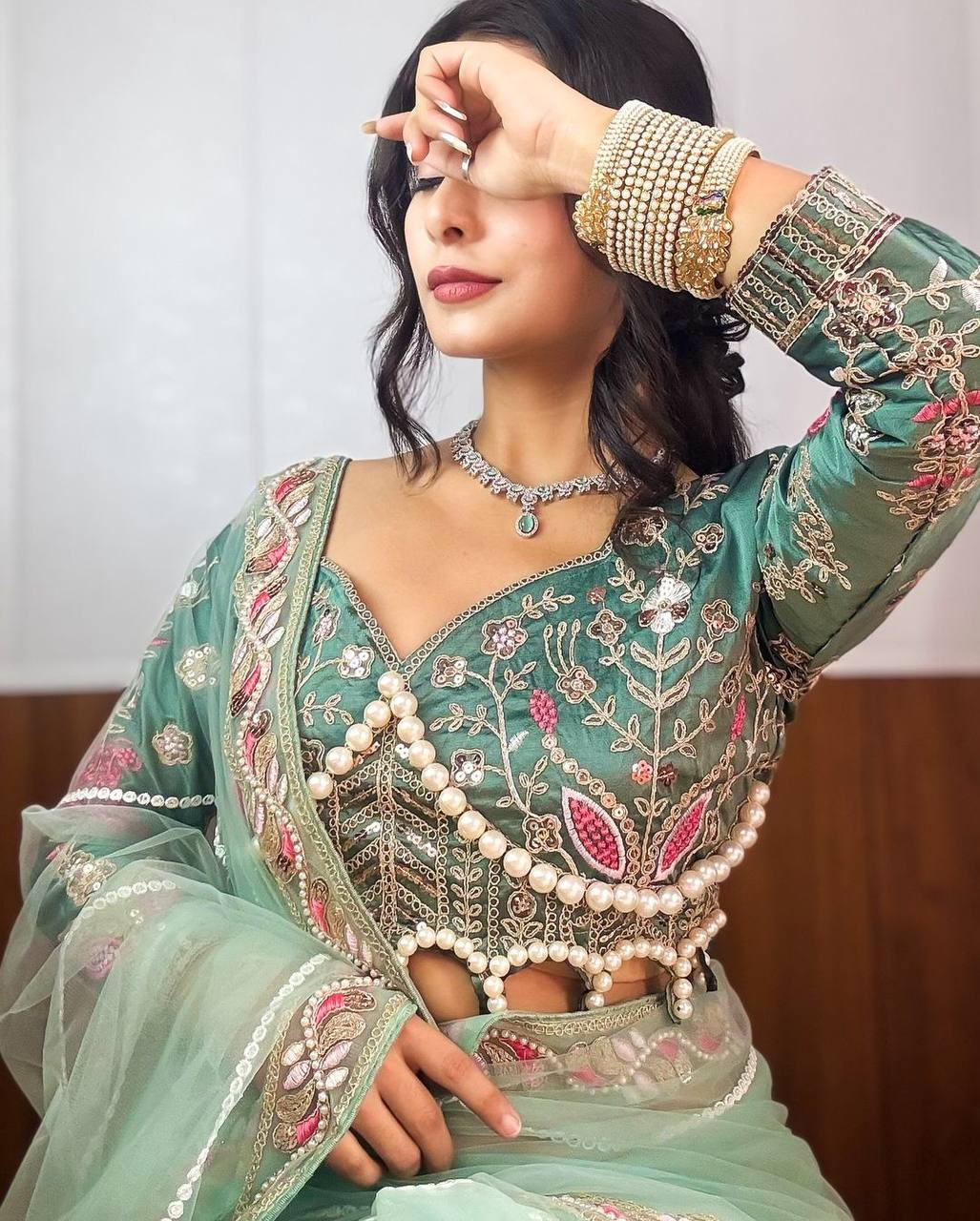 Sky Color Soft Net Saree With Heavy Pearl HandWork Blouse