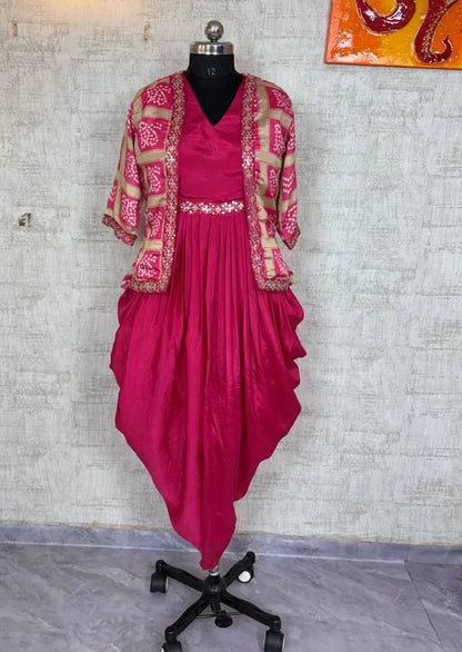Chinon Silk Dhoti Style Stiched Suit With Printed Jecket