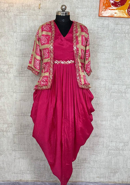 Chinon Silk Dhoti Style Stiched Suit With Printed Jecket