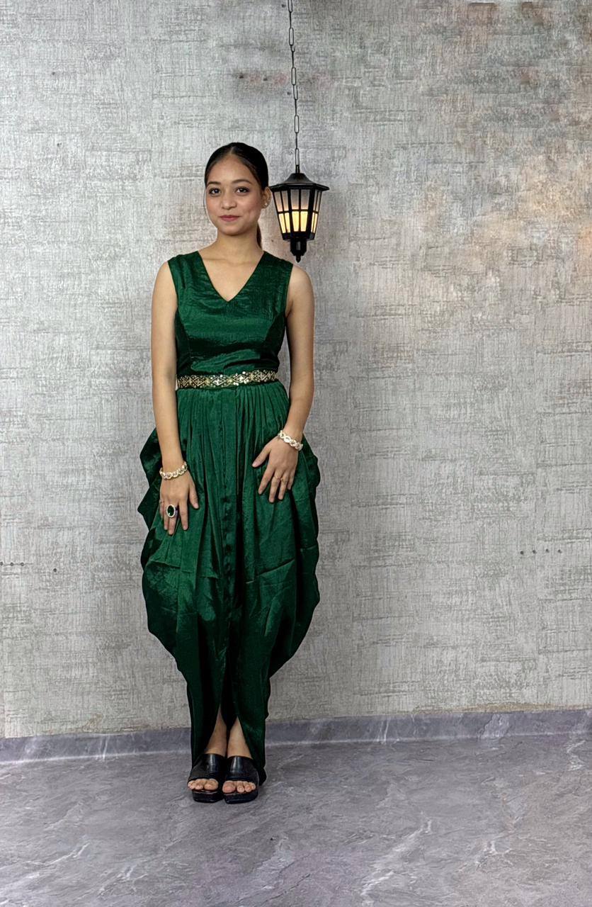 Chinon Silk Dhoti Style Stiched Suit With Printed Jecket