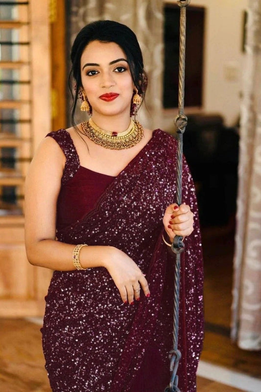 Maroon Sequence Embroidary Festival Wear Georgette Saree