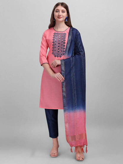 Slub Cotton Full Stitched Suit Set For Any Women - 4 Color Range