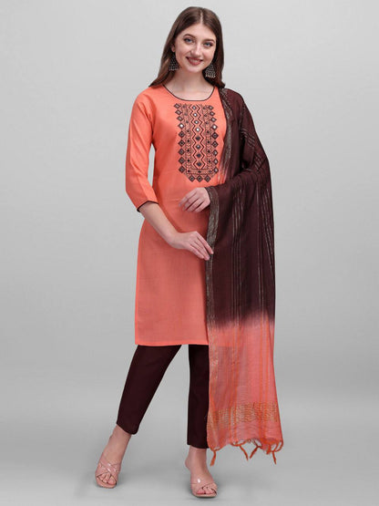 Slub Cotton Full Stitched Suit Set For Any Women - 4 Color Range