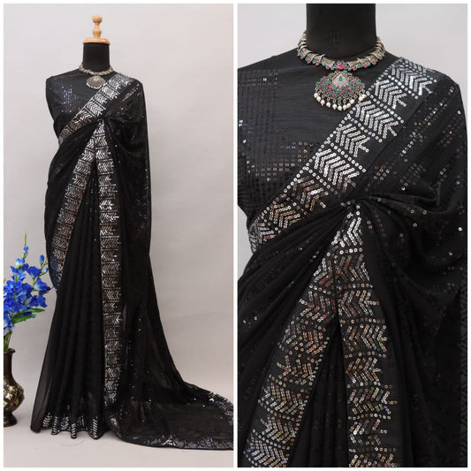 Black Colour Georgette Sequence Work Party Wear Saree