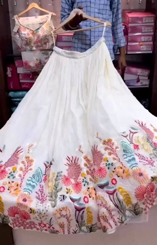 White Multi Color Thread Embroidered Lehenga Choli
