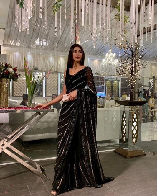 Lovely Black Georgette Sequence Work Stylish Designer Saree