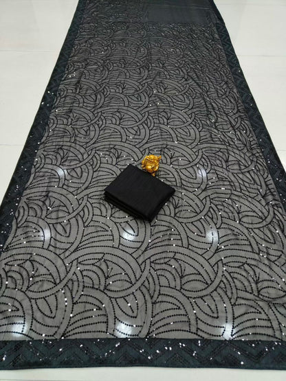 Black Color Georgette Seqeuence Work Saree For Function Wear