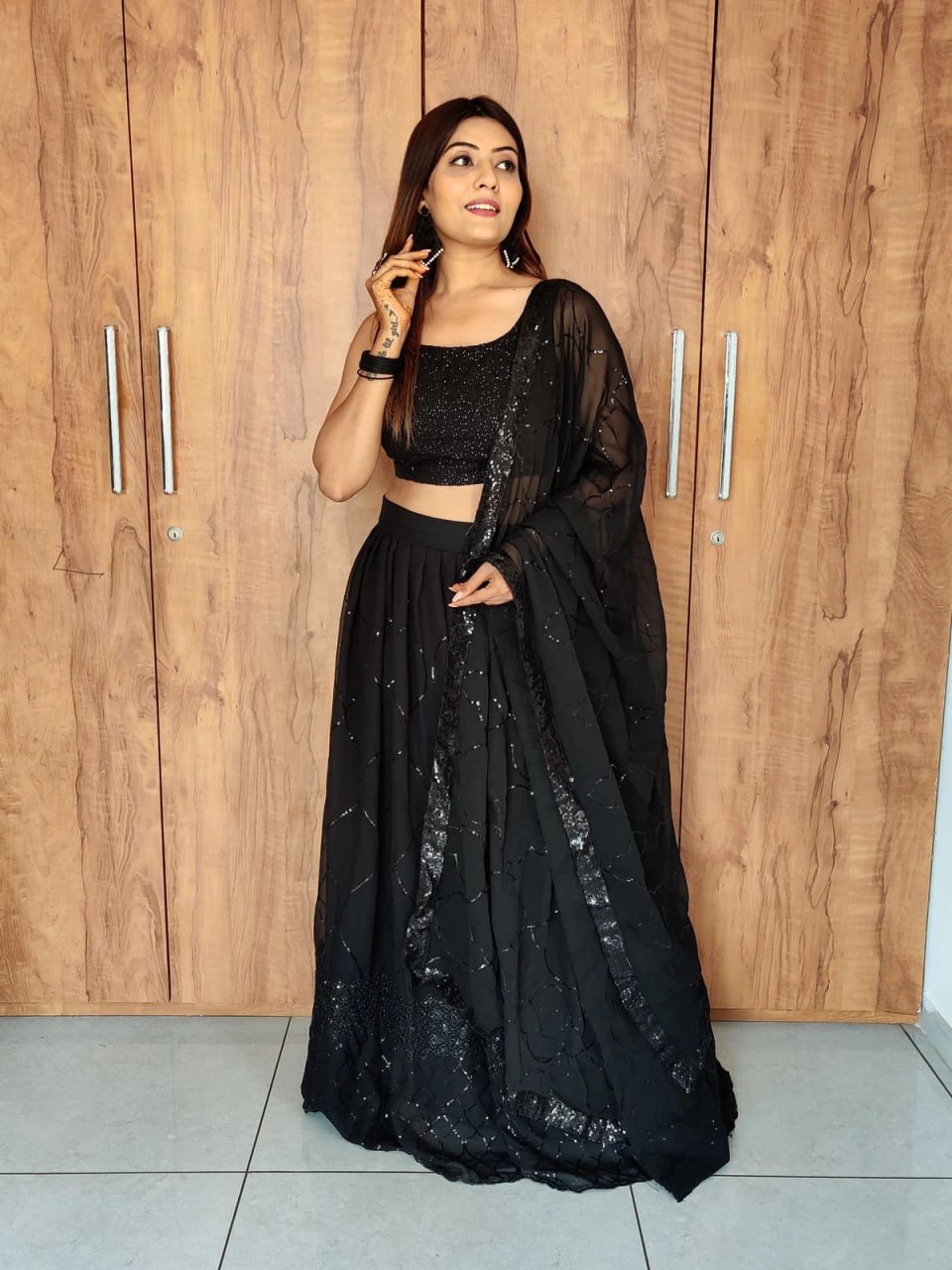 Super Black Festive Wear Georgette Sequence Embroidered Work Lehenga Choli