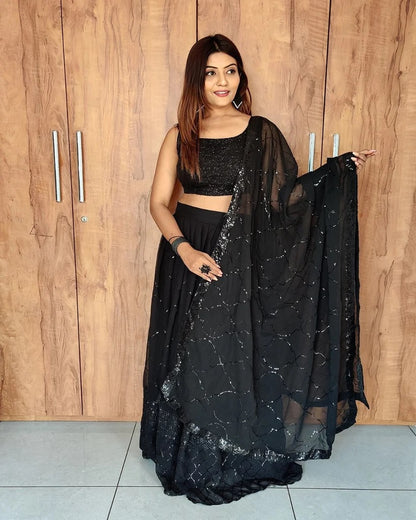 Super Black Festive Wear Georgette Sequence Embroidered Work Lehenga Choli