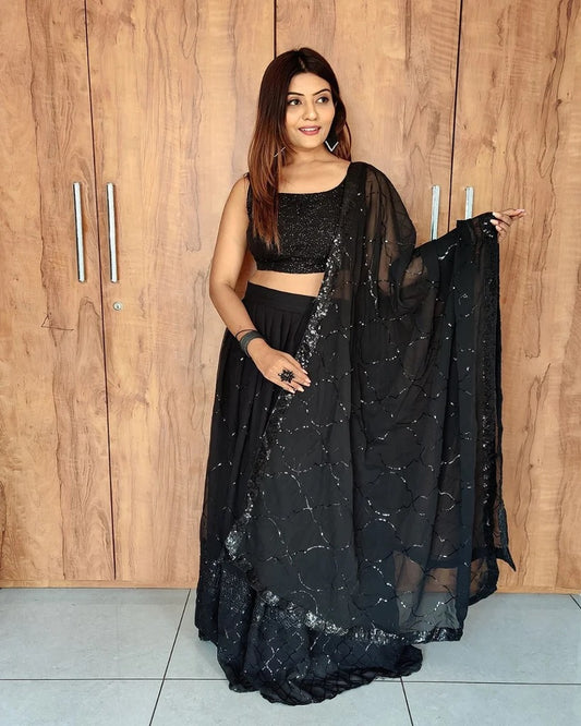 Super Black Festive Wear Georgette Sequence Embroidered Work Lehenga Choli