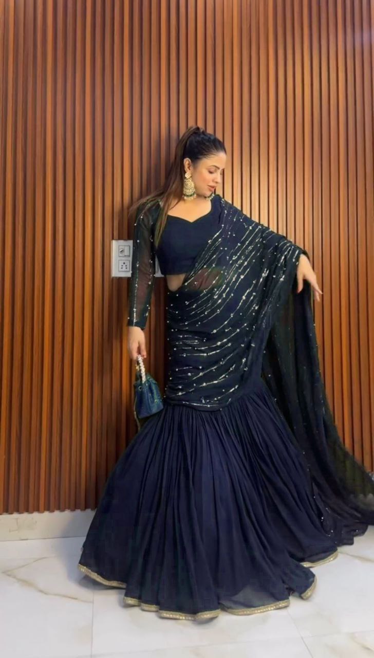 Wonderful Georgette Lehenga Saree Sharara With Moti Work Dupatta