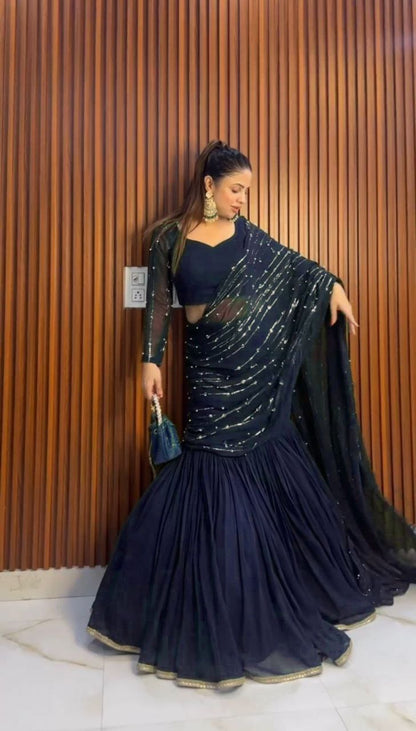 Wonderful Georgette Lehenga Saree Sharara With Moti Work Dupatta