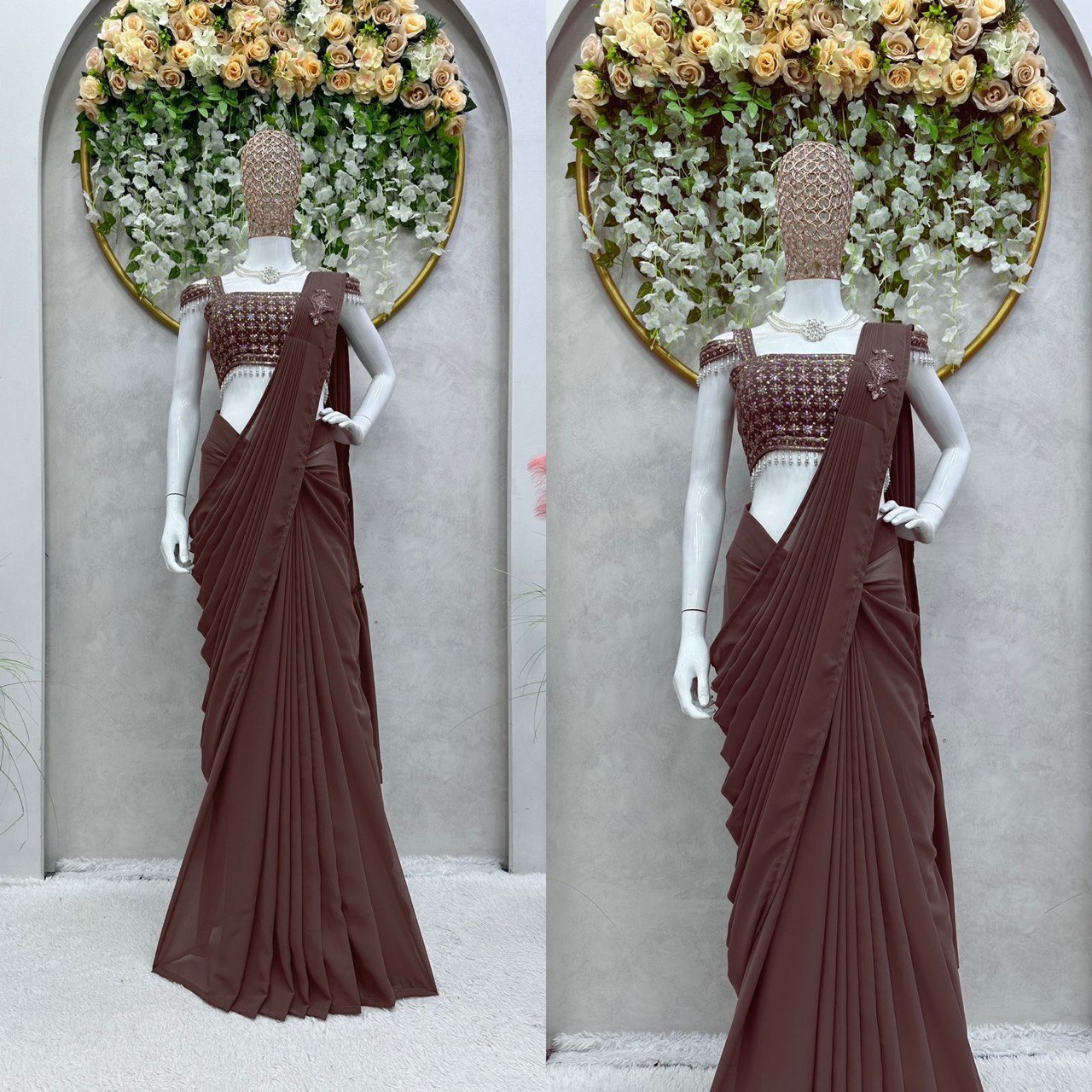 Ready to Wear 1 Min Ruffle Work Designer Saree with Stitched Blouse