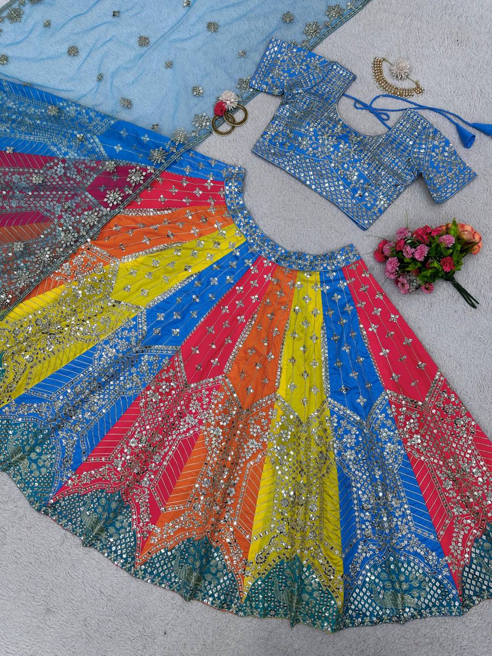Multi Colour Embroidary And Sequence Work Wedding Wear Lehenga Choli With Beautiful Duppata