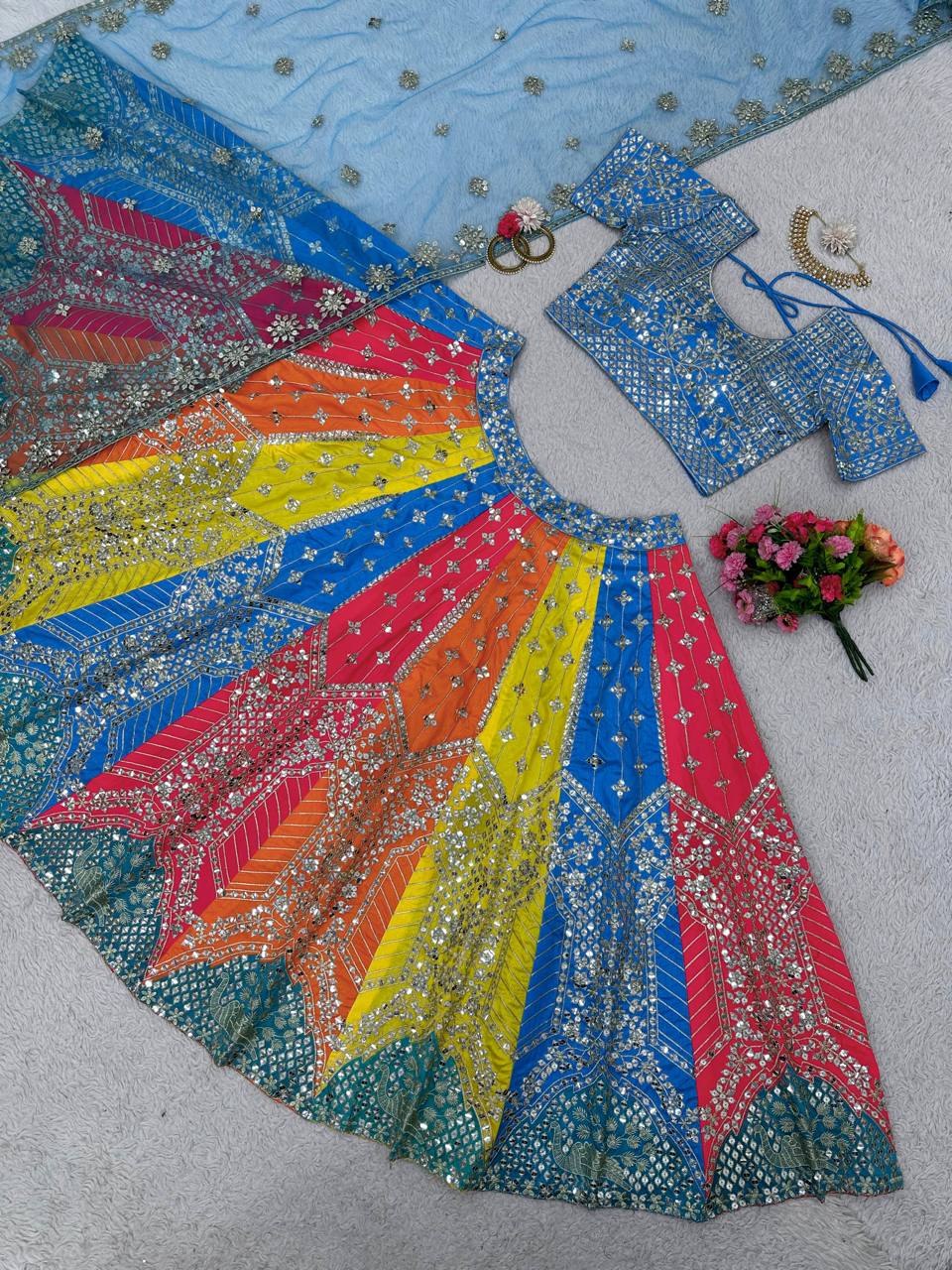 Multi Colour Embroidary And Sequence Work Wedding Wear Lehenga Choli With Beautiful Duppata