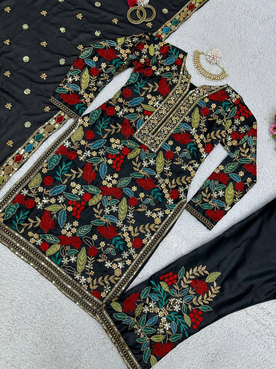 Designer Sequnce With Thred Work Tafeta Satin Febric Suit With Thred Work Dupatta
