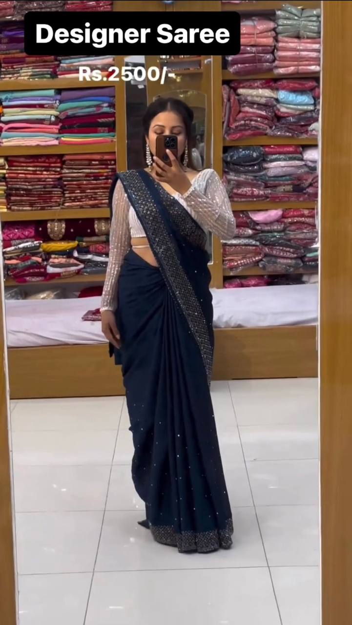 New Hot Fix Daimond Worked Georgette Wedding Wear Saree With Amezing Designer Blouse