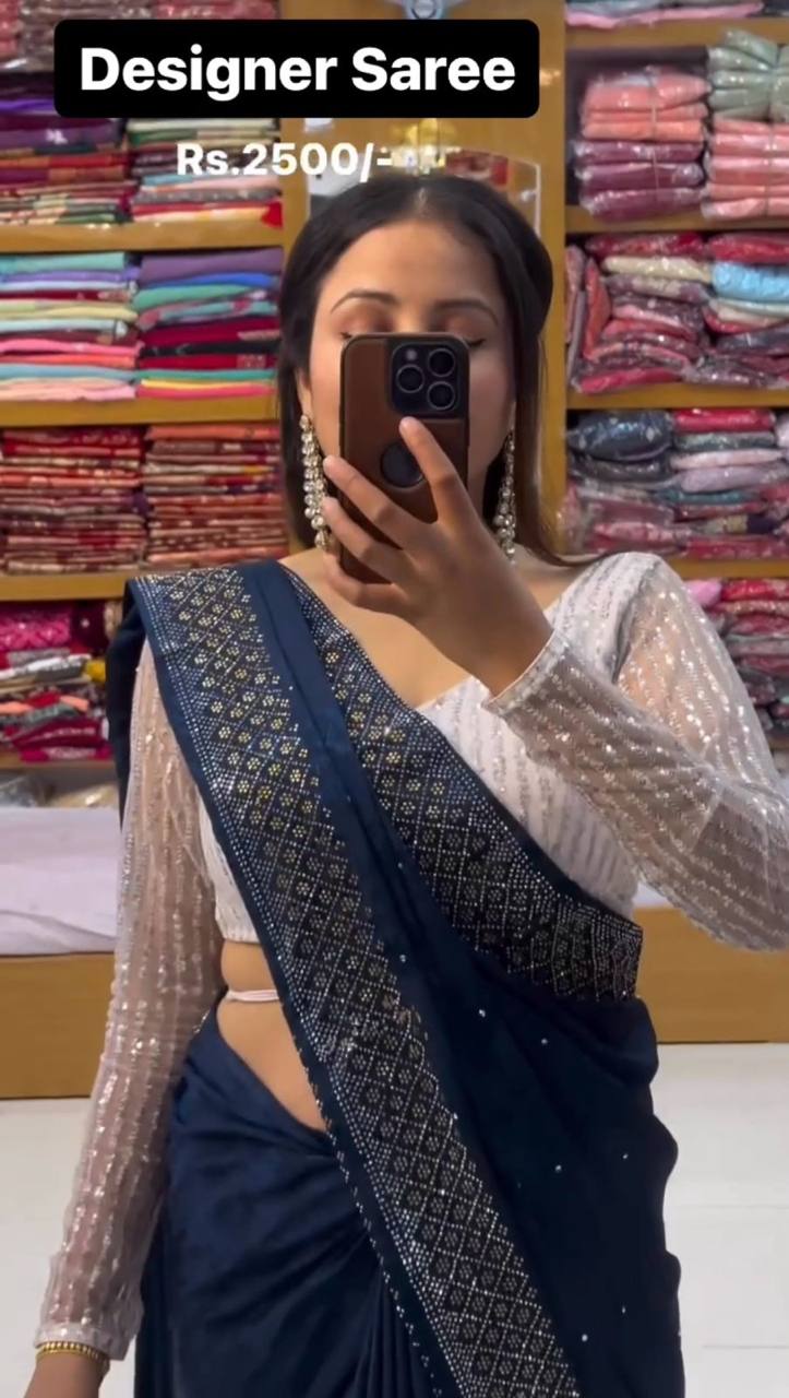 New Hot Fix Daimond Worked Georgette Wedding Wear Saree With Amezing Designer Blouse