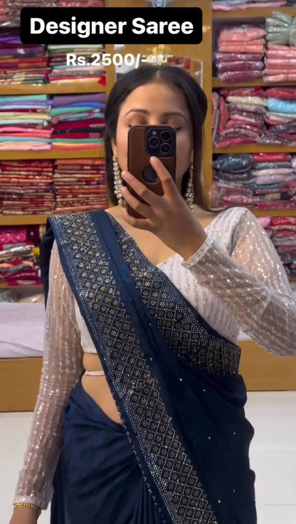 New Hot Fix Daimond Worked Georgette Wedding Wear Saree With Amezing Designer Blouse